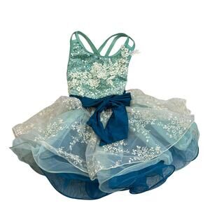 Weissman Teal Sequin Lace Tutu Dance Costume with Bow XSC Halloween Outfit